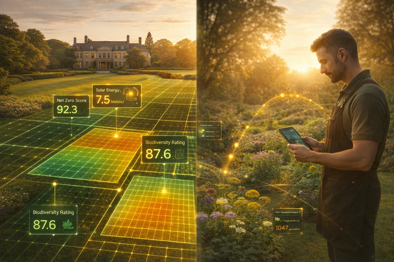 Solvida Business — property portfolio and professional gardener with AR data overlays split scene hero image