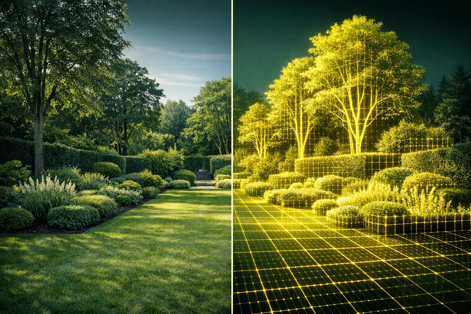Solvida Life — 3D Digital Twin visualisation showing garden present vs 5-year future projection with AR overlay