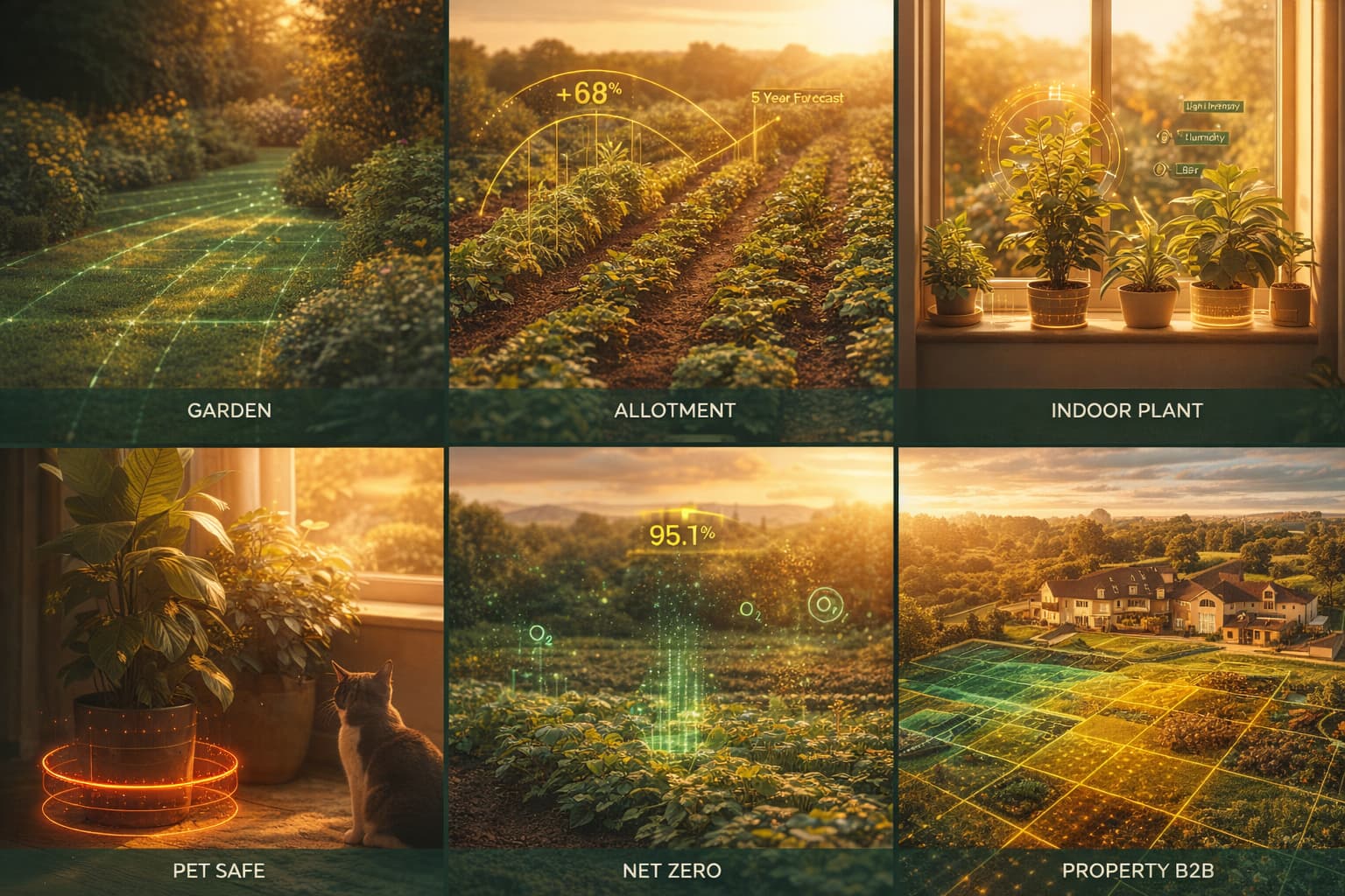 Solvida Mission — six panel grid showing garden, allotment, indoor plants, pet safety, Net Zero and property management AR scenes