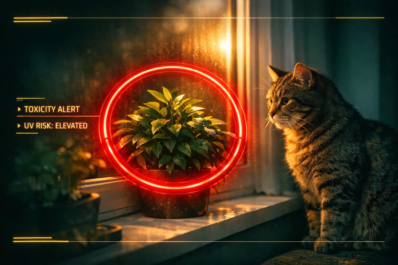 Solvida Life — Pet-Safe Red Halo™ AR toxicity alert around indoor plant with cat on window ledge