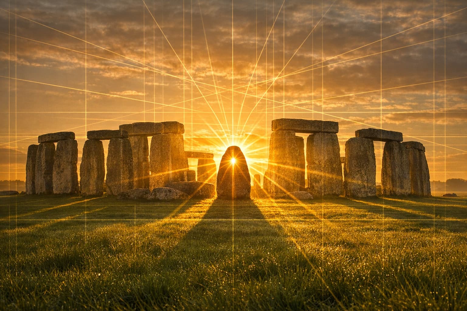 Solvida Life — The Ancient Pulse: Stonehenge at sunrise with subtle AR solar alignment overlay