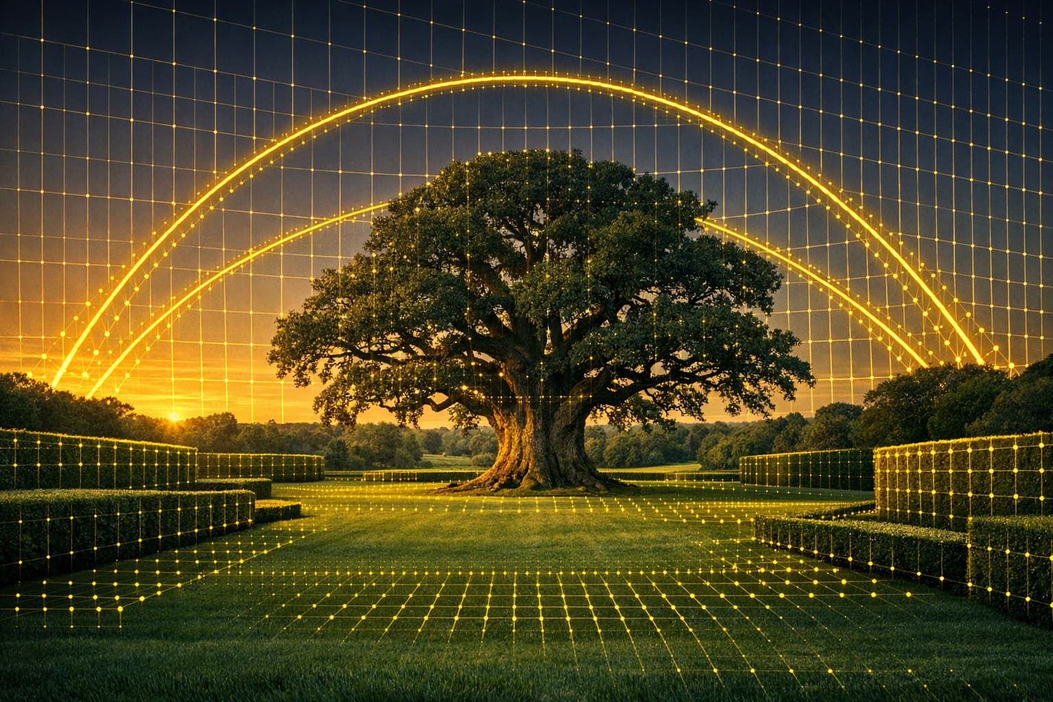 Solvida Life hero image — AR solar pathing over a pristine garden landscape at golden hour