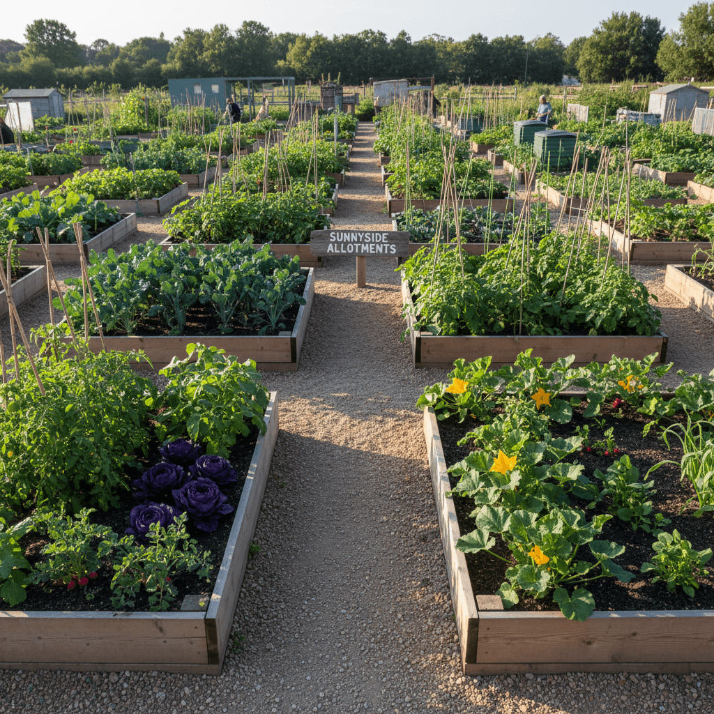 Productive allotment with multiple raised beds and growing crops