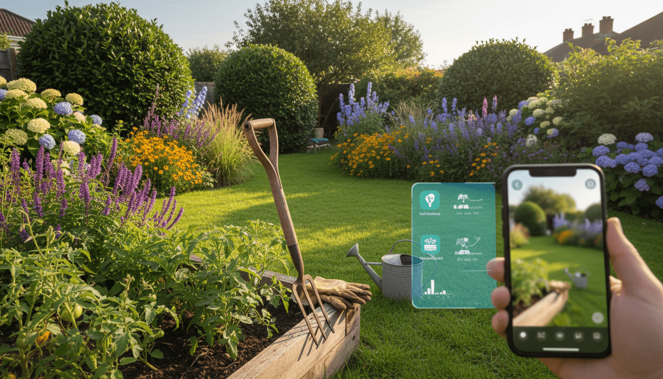 Thriving UK garden with mixed plantings and smartphone showing augmented reality overlay in afternoon sunlight