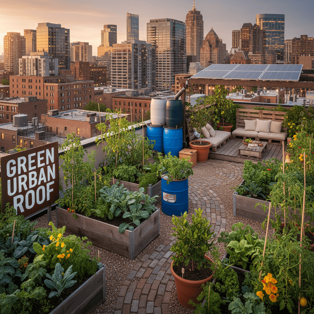 Green rooftop garden with container planting and city backdrop