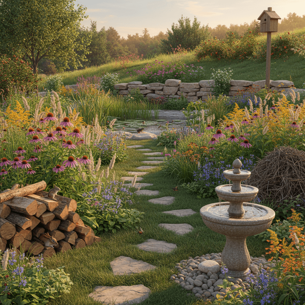 Biodiverse garden with wildflowers and natural planting