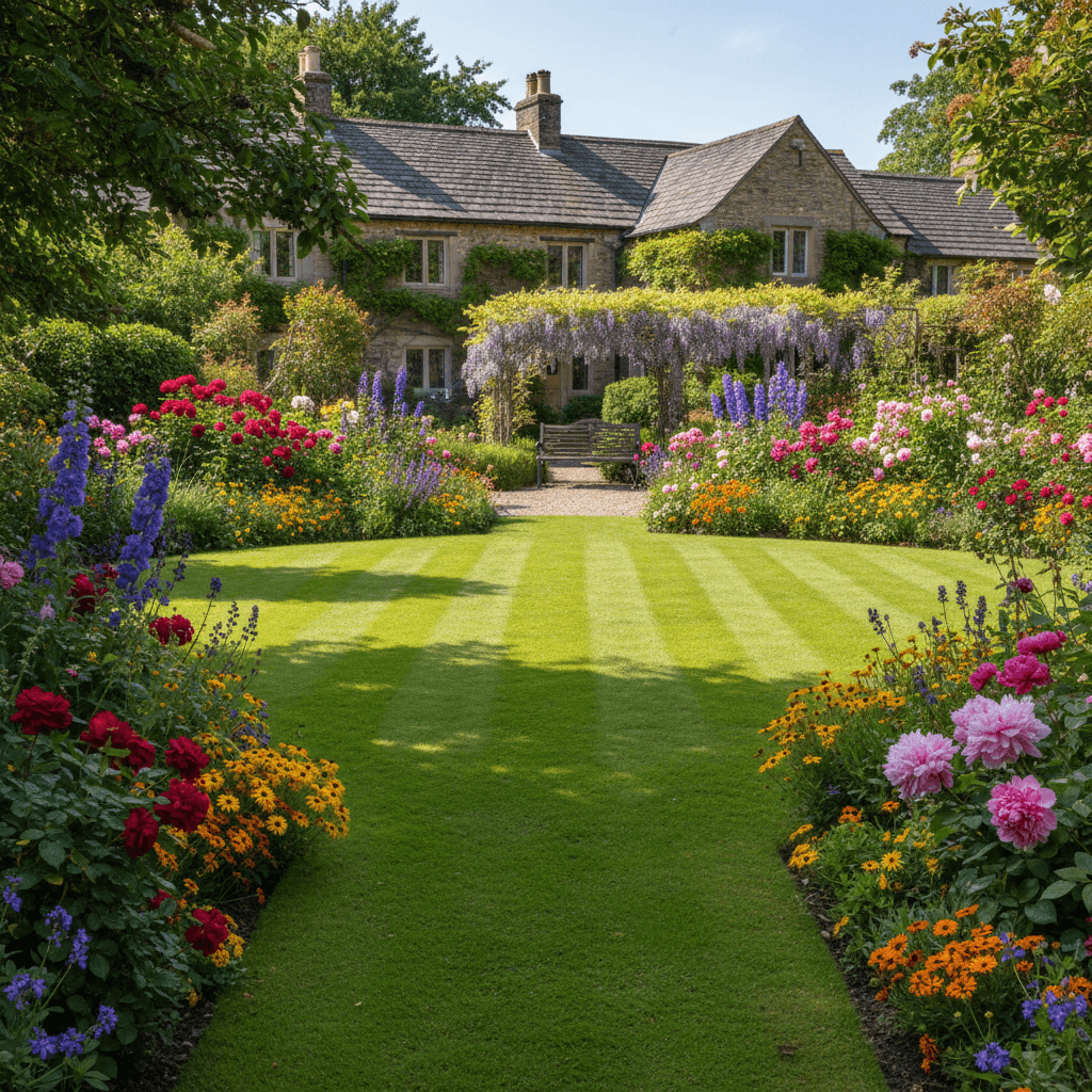 Healthy residential garden with lush green lawn and colorful flowers