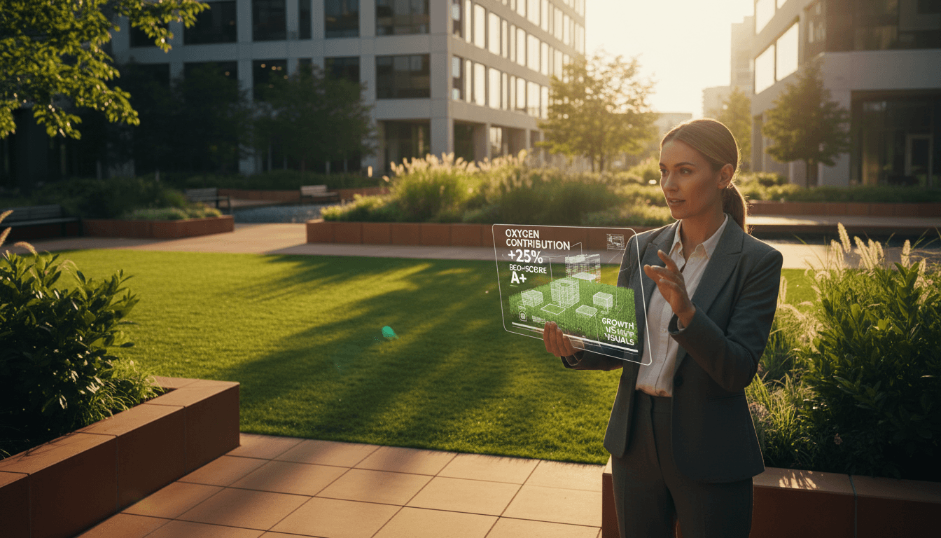 Property manager viewing AR lawn visualization on tablet in a well-maintained commercial garden