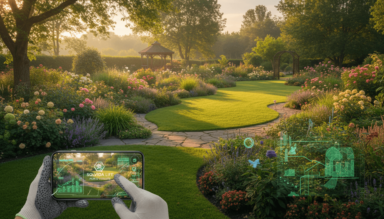 Gardener holding a smartphone displaying augmented reality visualization overlays in a thriving residential garden with mixed plantings and lawn