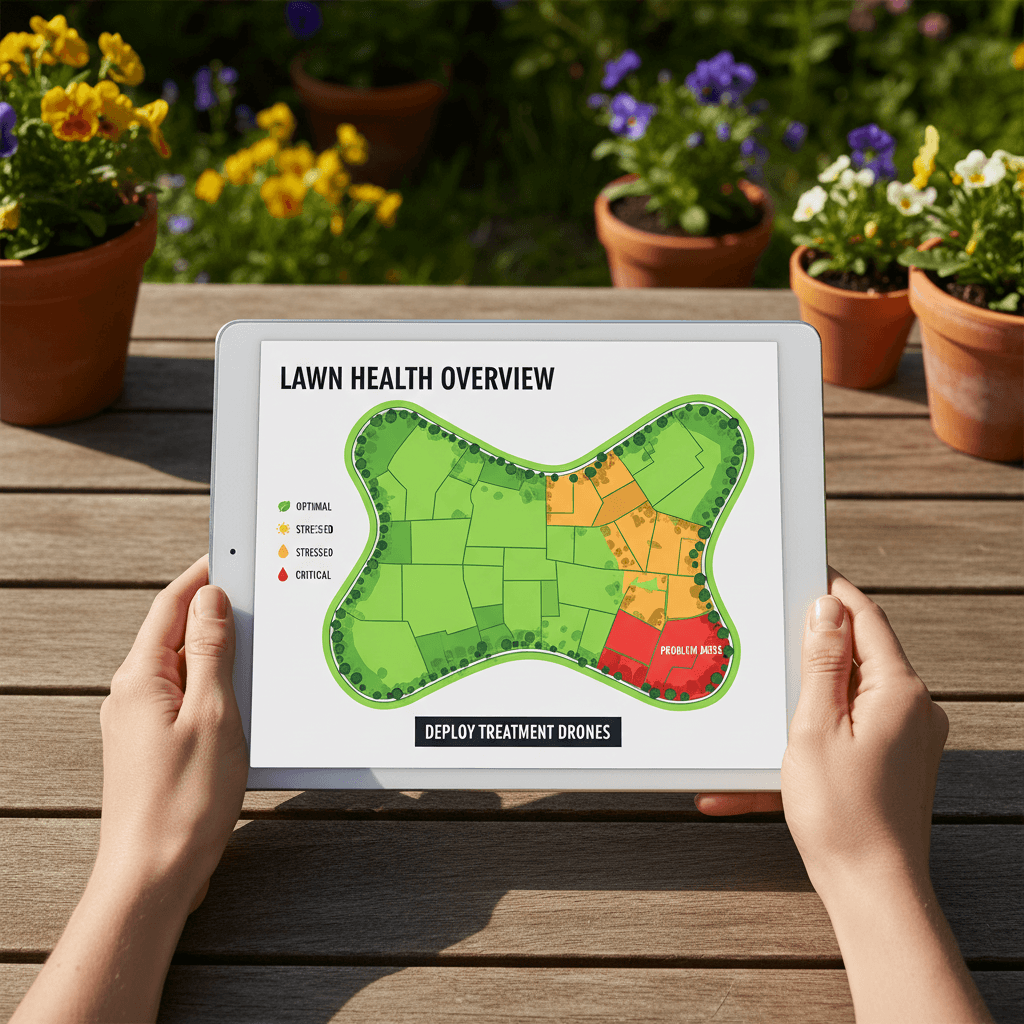 Predictive lawn health mapping displayed on tablet