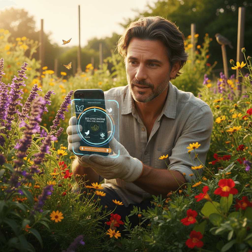 Gardener using Eco-Sync Engine to view real-time wildlife synchronization and safety alerts