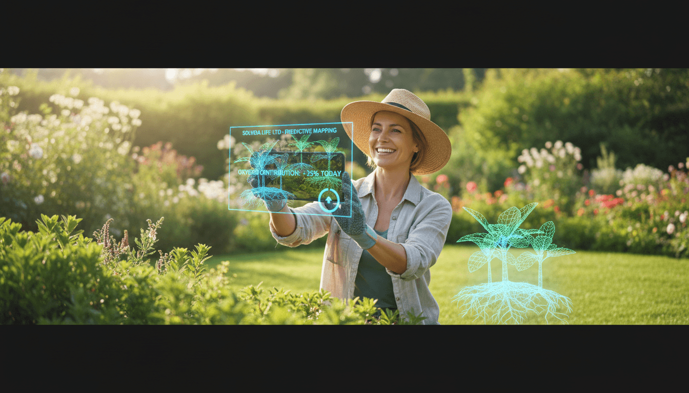 Gardener using Solvida Life Ltd augmented reality app to view lawn health data and environmental impact in their garden