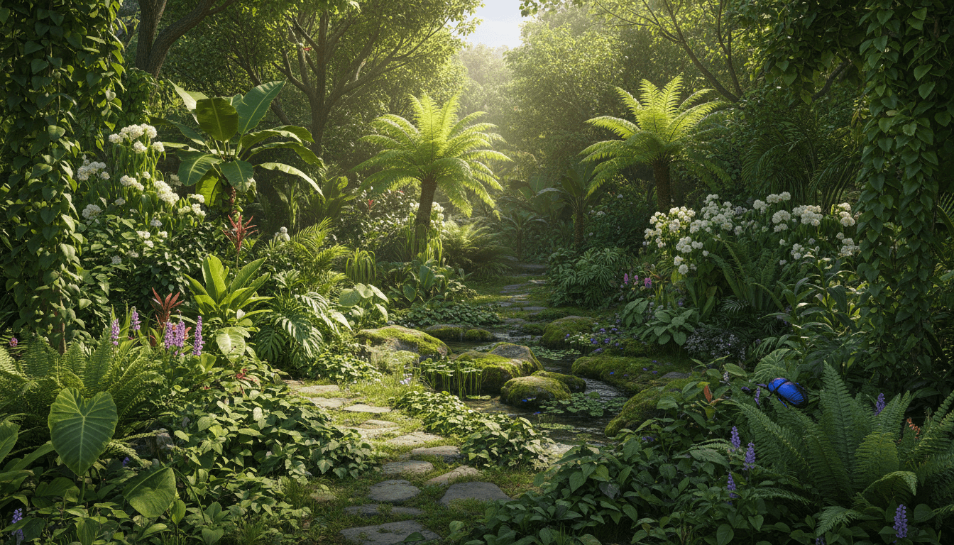 Thriving garden ecosystem with vibrant green plants and natural sunlight