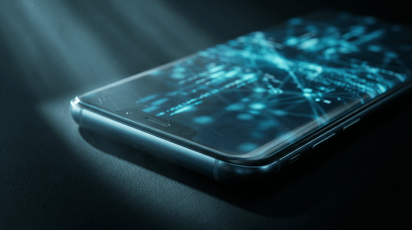 Smartphone displaying Solvida Life Ltd augmented reality interface in a garden setting with lawn health data and solar visualization