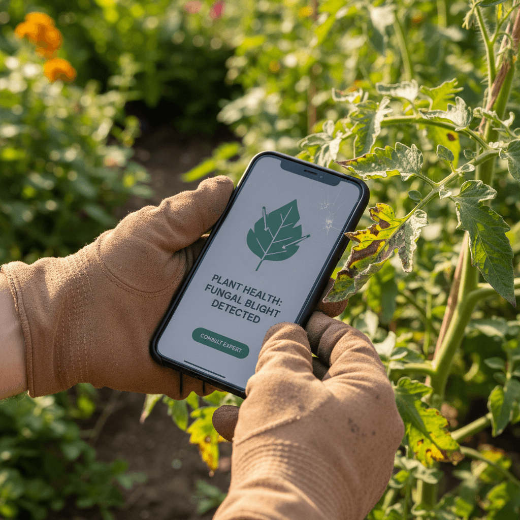 Gardener using AR app to visualize future garden growth on smartphone