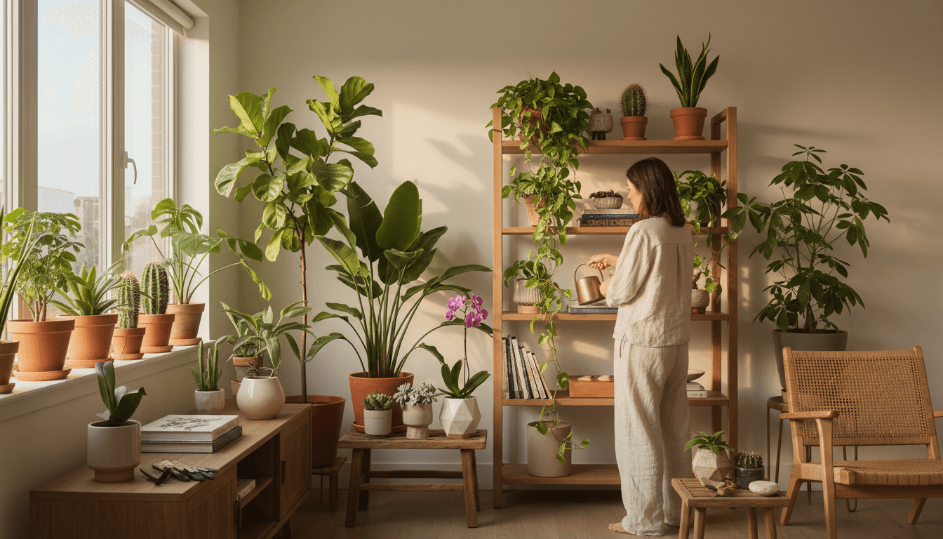 Person tending indoor and outdoor plants with AR light analysis on smartphone