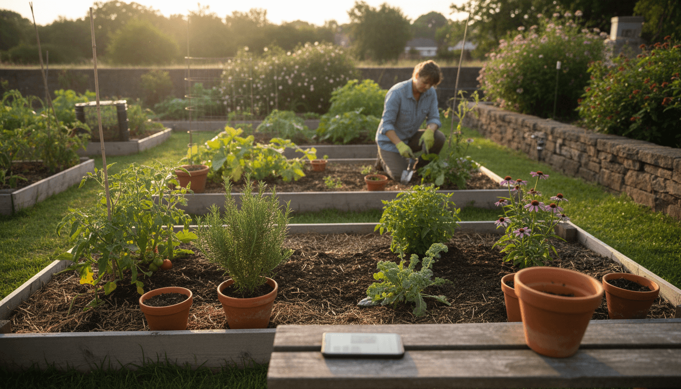 Person viewing augmented reality garden visualization on tablet in outdoor garden setting