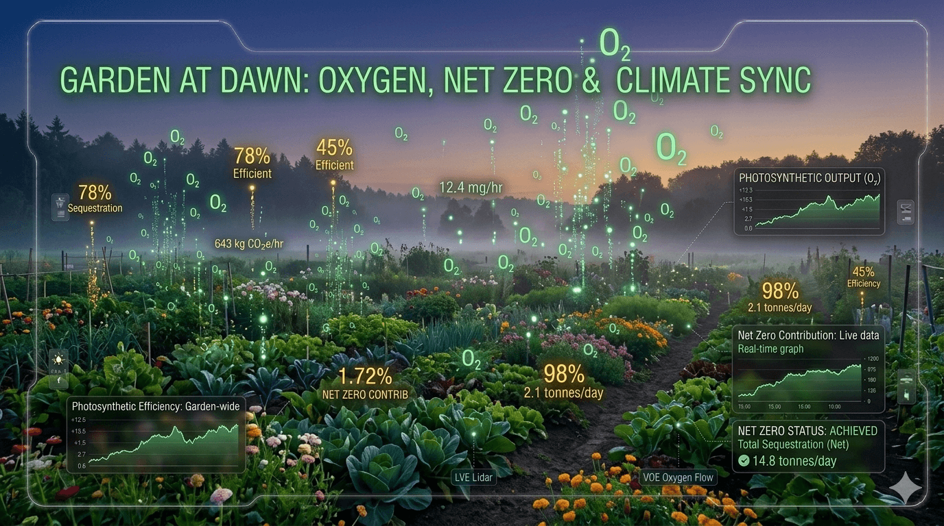 Digital interface over a garden at dawn tracking oxygen levels and net zero status.