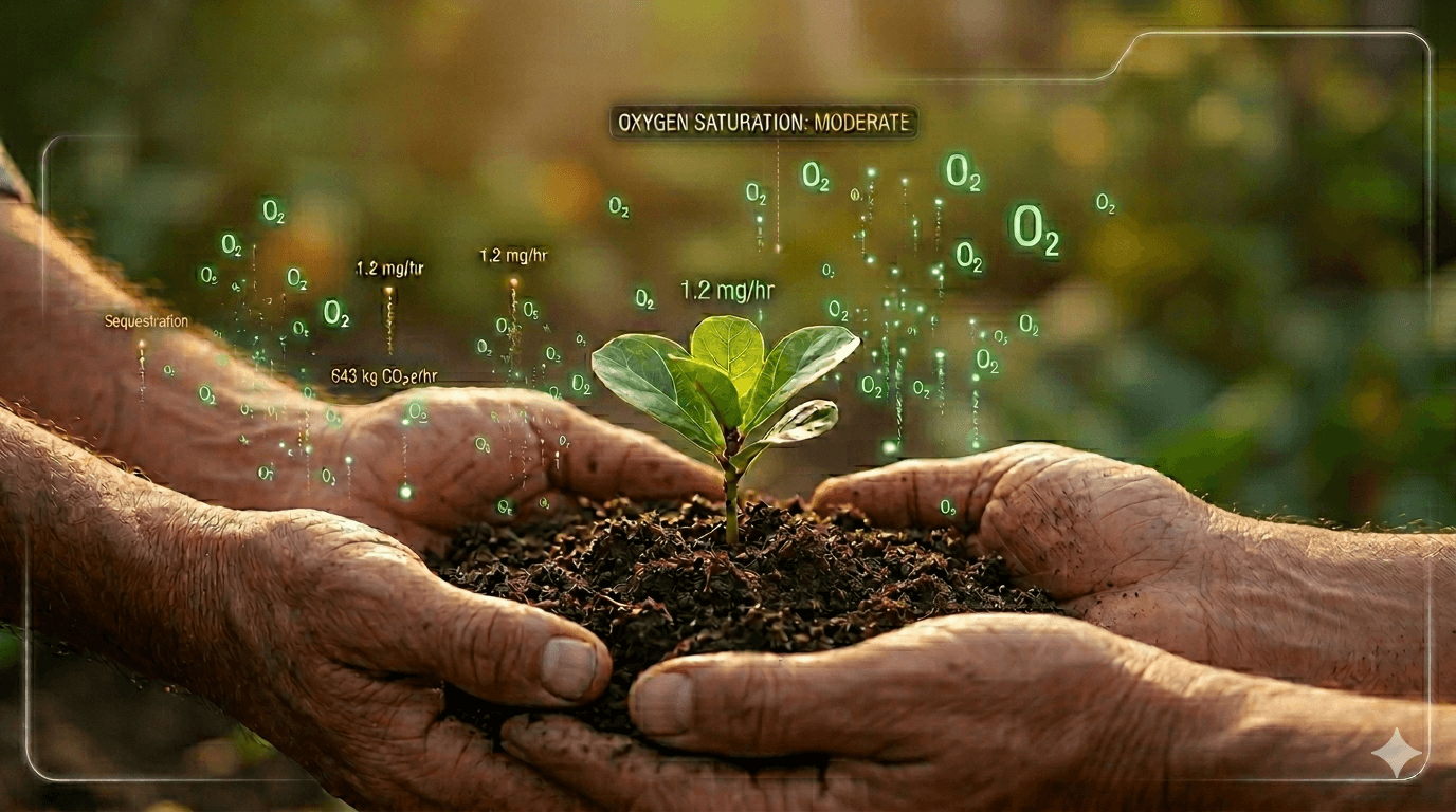 Weathered hands cupping a seedling with digital overlays showing oxygen production and environmental data.