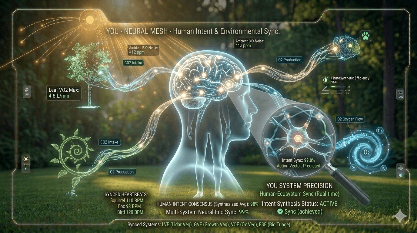 Digital interface showing a human brain synchronized with environmental data and biological processes in nature.