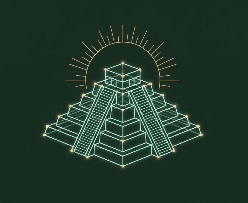 Stylized teal wireframe step pyramid with glowing yellow points and a golden sun halo.