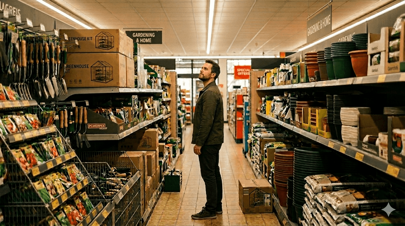 Man in a green jacket looking at gardening tools and supplies in a store aisle.