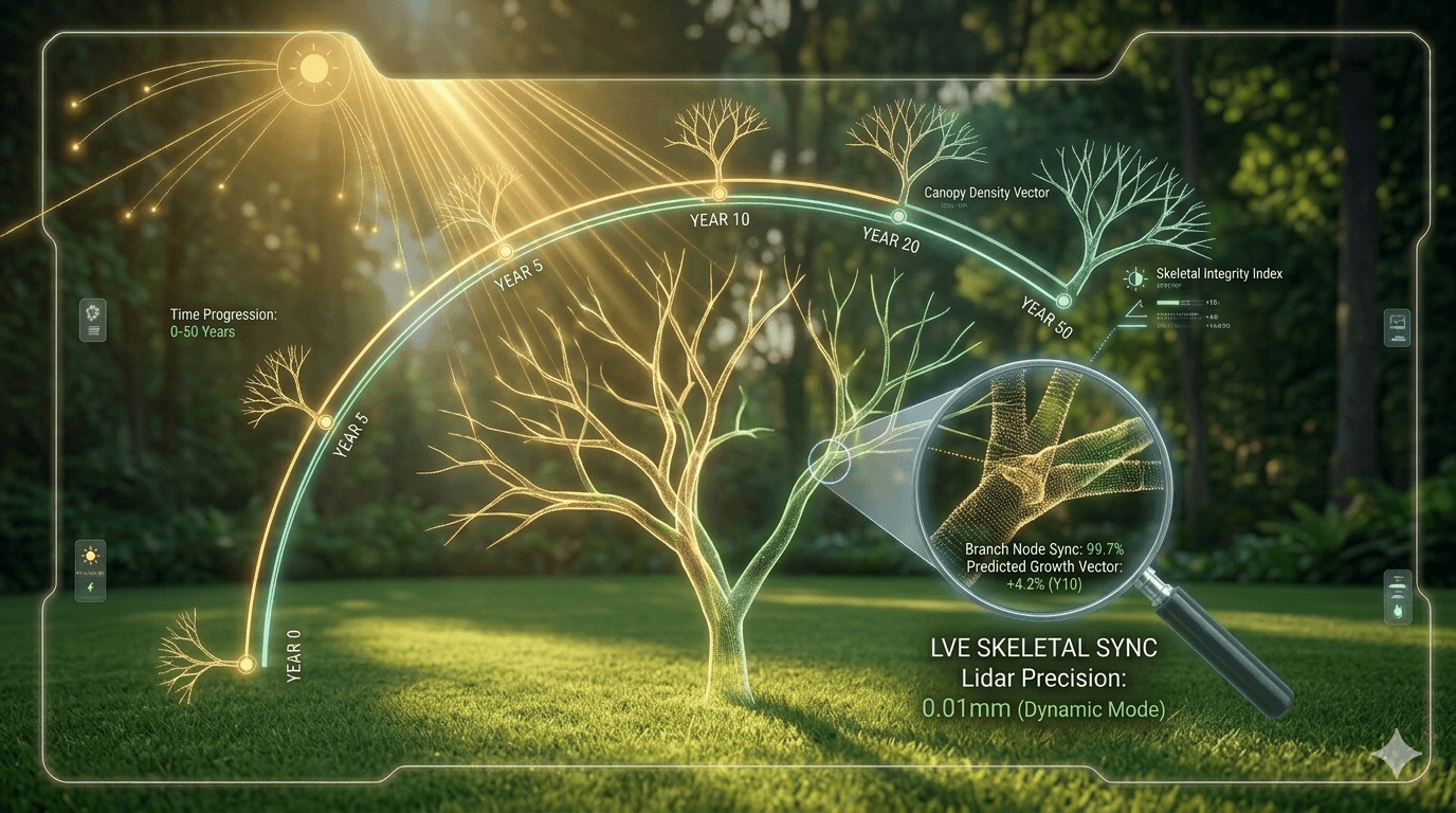Digital interface visualizing a tree's growth progression over fifty years using LiDAR scanning technology.