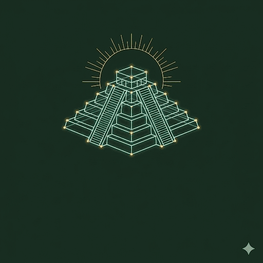 Teal wireframe Mayan pyramid with a golden sunburst against a dark green background.